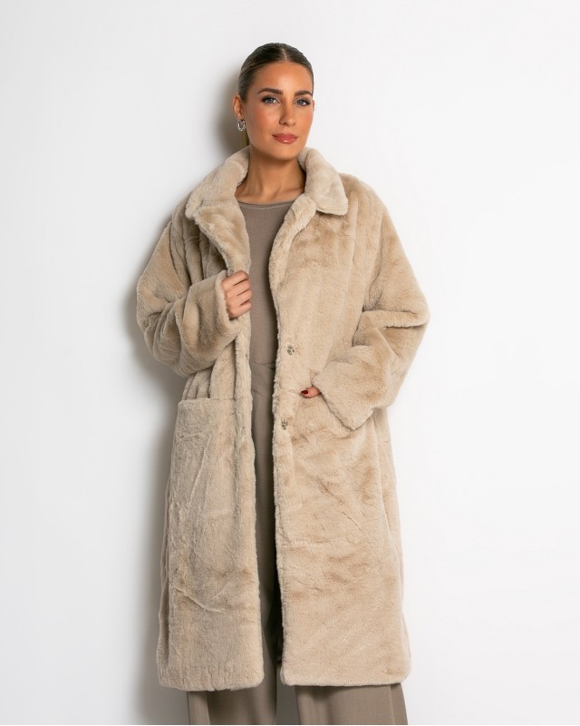 Γούνα μακρυά με τσέπες μπεζ