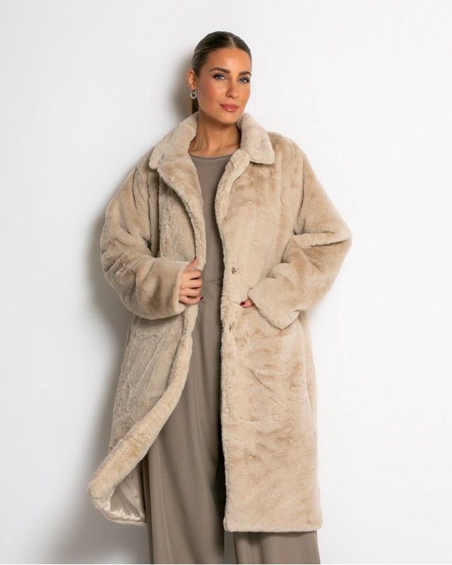 Γούνα μακρυά με τσέπες μπεζ