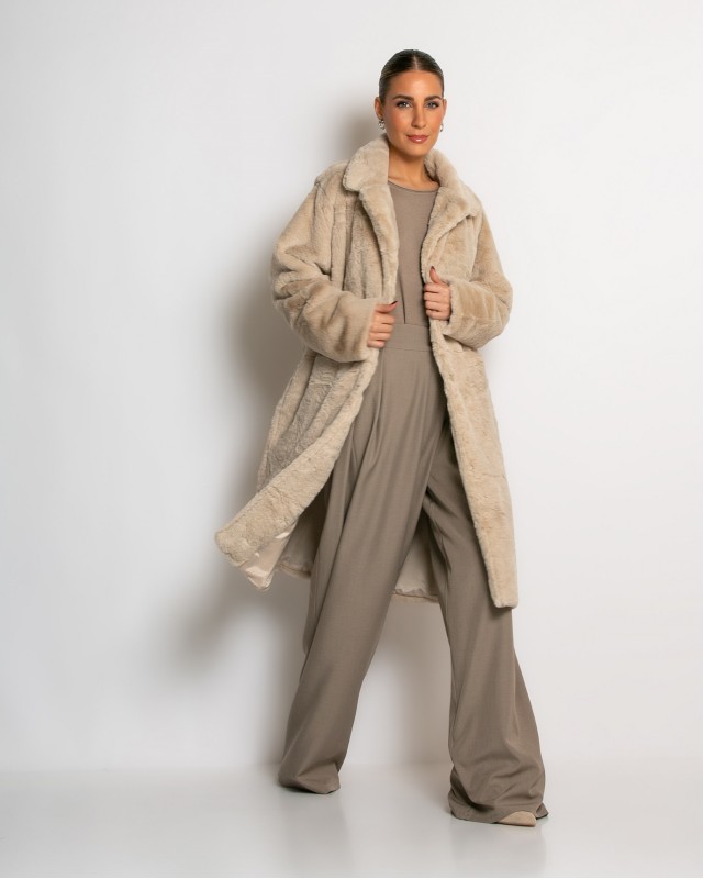 Γούνα μακρυά με τσέπες μπεζ