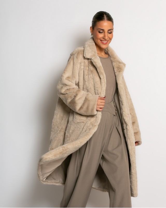 Γούνα μακρυά με τσέπες μπεζ
