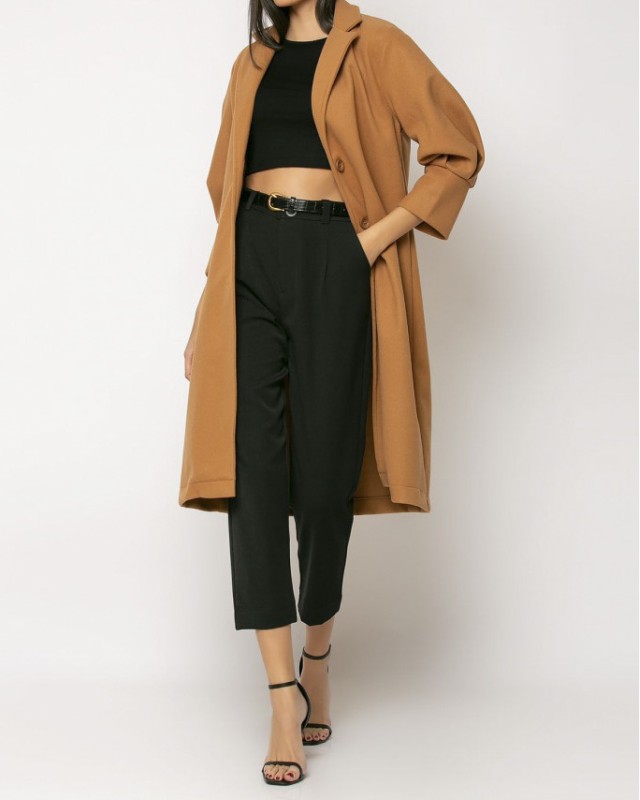 Παλτό με πιέτες στο μανίκι κάμελ