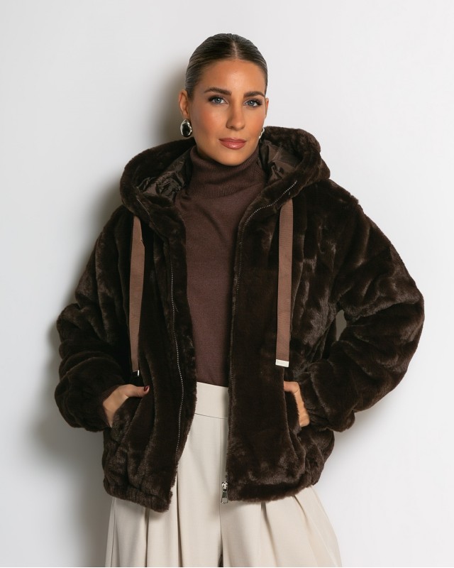 Γούνα με φερμουάρ και κουκούλα καφέ