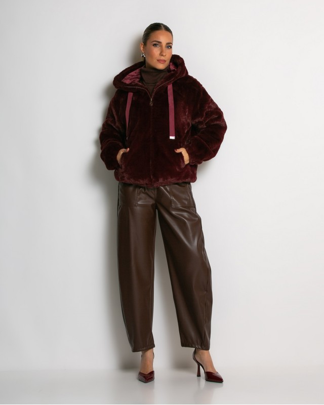 Γούνα με φερμουάρ και κουκούλα μπορντό
