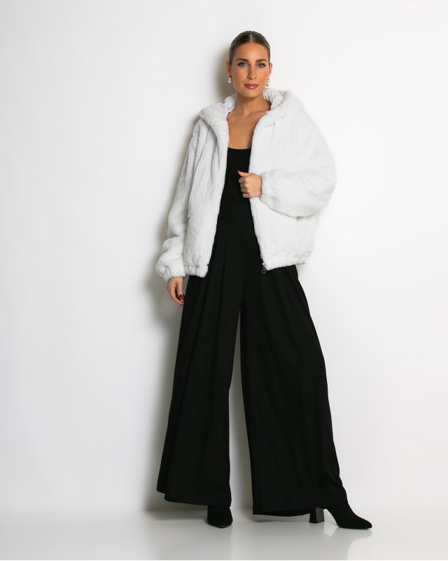 Γούνα με φερμουάρ και κουκούλα λευκό