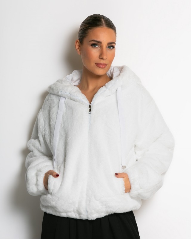 Γούνα με φερμουάρ και κουκούλα λευκό