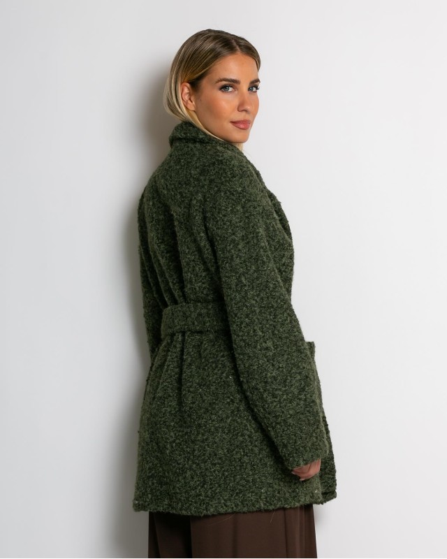 Πανωφόρι μπουκλέ με τσέπες και ζώνη χακί