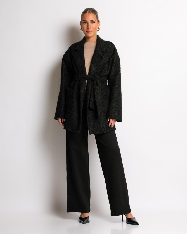 Πανωφόρι μπουκλέ με τσέπες και ζώνη μαύρο