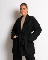 Πανωφόρι μπουκλέ με τσέπες και ζώνη μαύρο