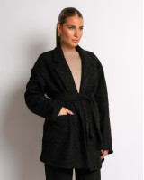 Πανωφόρι μπουκλέ με τσέπες και ζώνη μαύρο