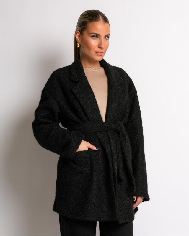 Πανωφόρι μπουκλέ με τσέπες και ζώνη μαύρο