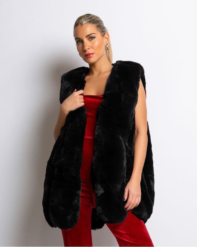 Γούνα αμάνικη με σχέδιο στο τελείωμα μαύρη