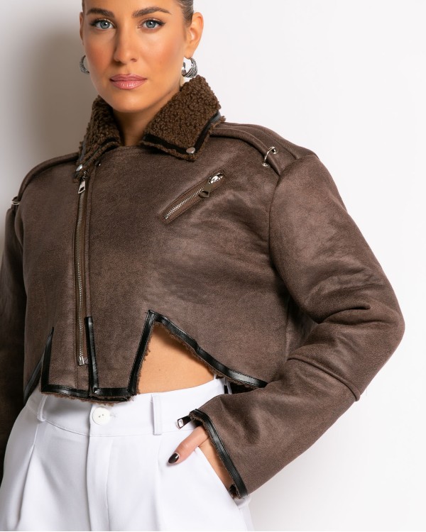 Πανωφόρι crop σουέτ καφέ