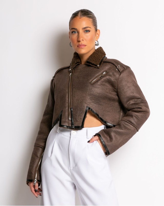 Πανωφόρι crop σουέτ καφέ