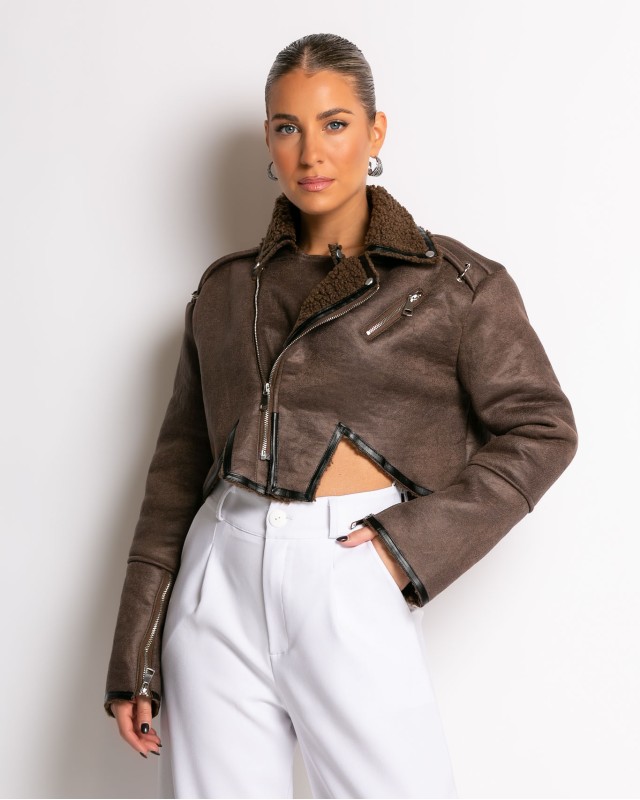 Πανωφόρι crop σουέτ καφέ