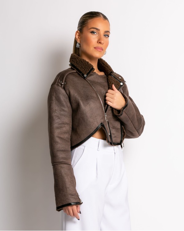 Πανωφόρι crop σουέτ καφέ