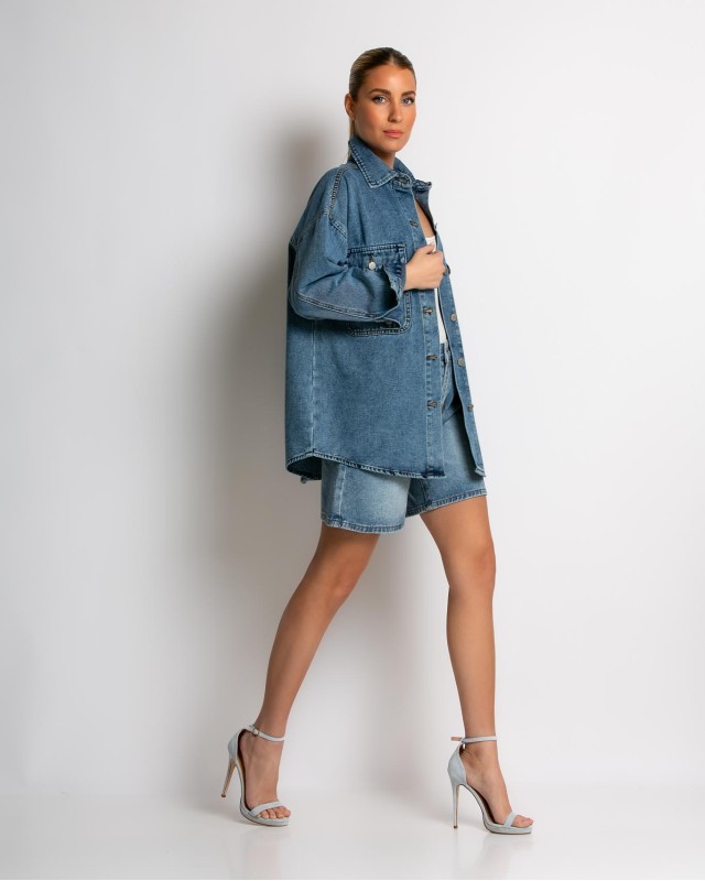 Jean πουκάμισο oversized με μπροστινές τσέπες Jean πουκάμισο oversized με μπροστινές τσέπες