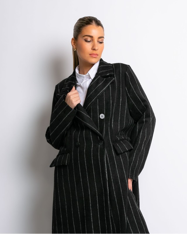 Παλτό με κουμπιά ριγέ μαύρο