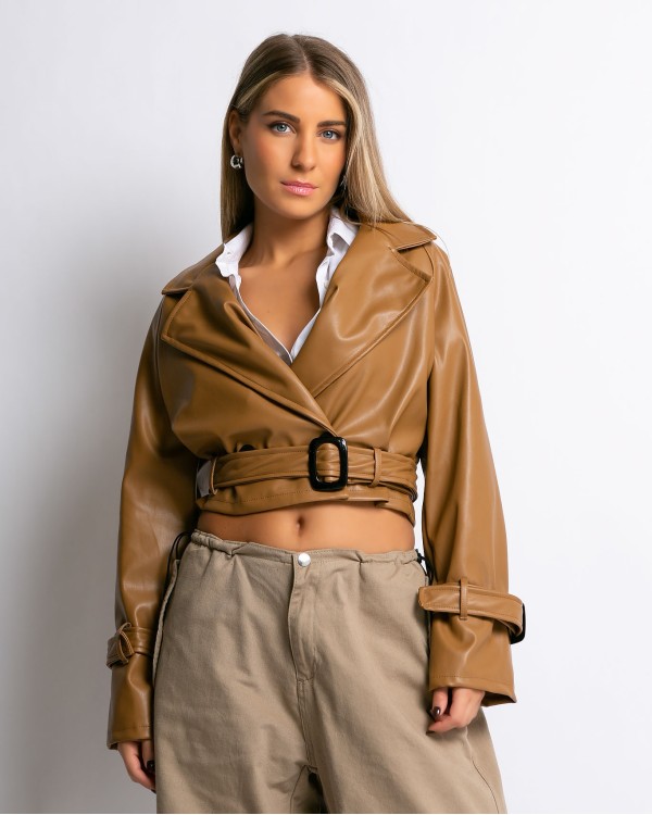 Jacket δερματίνη κοντό με ζώνη μπεζ