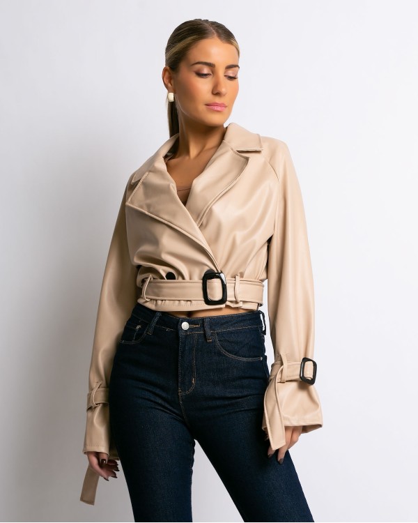 Jacket δερματίνη κοντό με ζώνη μπεζ