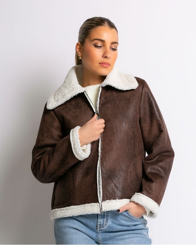 Μπουφάν με εσωτερική γούνα δερματίνη καφέ