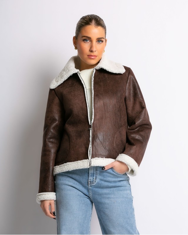 Μπουφάν με εσωτερική γούνα δερματίνη καφέ