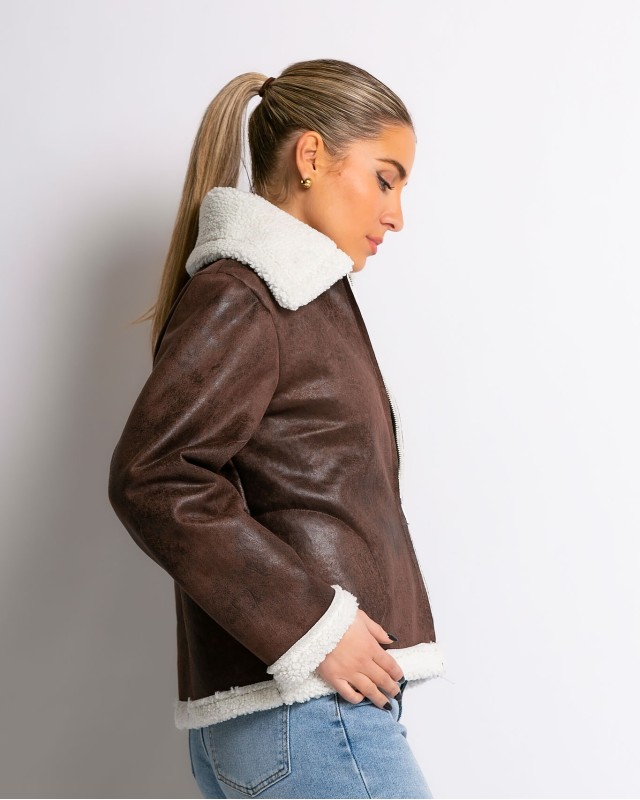 Μπουφάν με εσωτερική γούνα δερματίνη καφέ