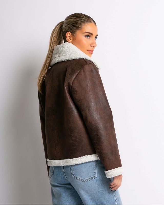 Μπουφάν με εσωτερική γούνα δερματίνη καφέ