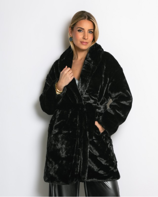 Γούνα μακρυά με ζώνη μαύρο