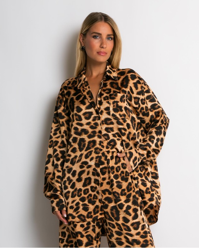 Σετ leopard print πουκάμισο & παντελόνι καφέ