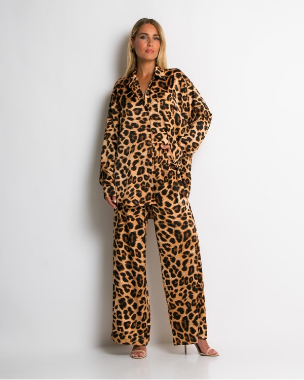 Σετ leopard print πουκάμισο & παντελόνι καφέ