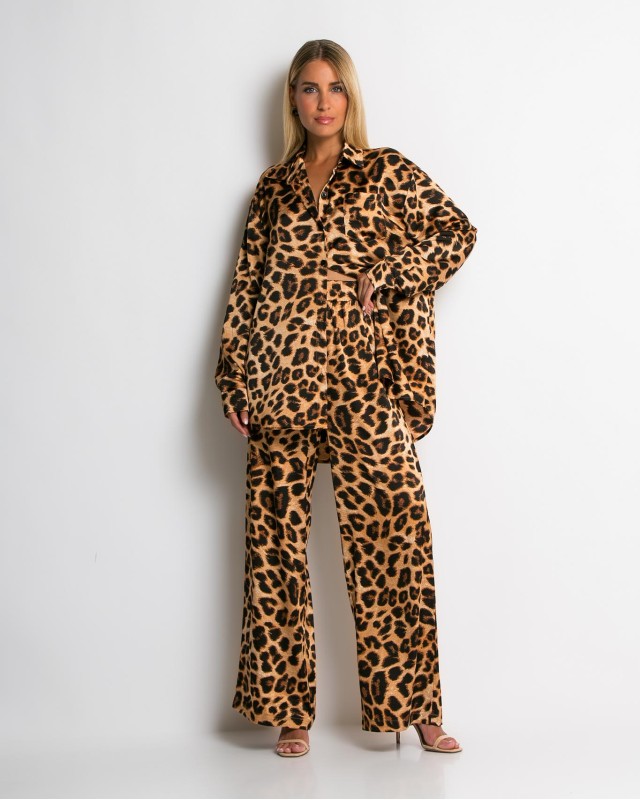 Σετ leopard print πουκάμισο & παντελόνι καφέ