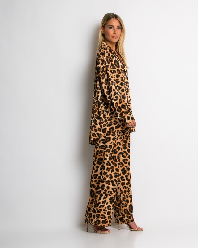 Σετ leopard print πουκάμισο & παντελόνι καφέ