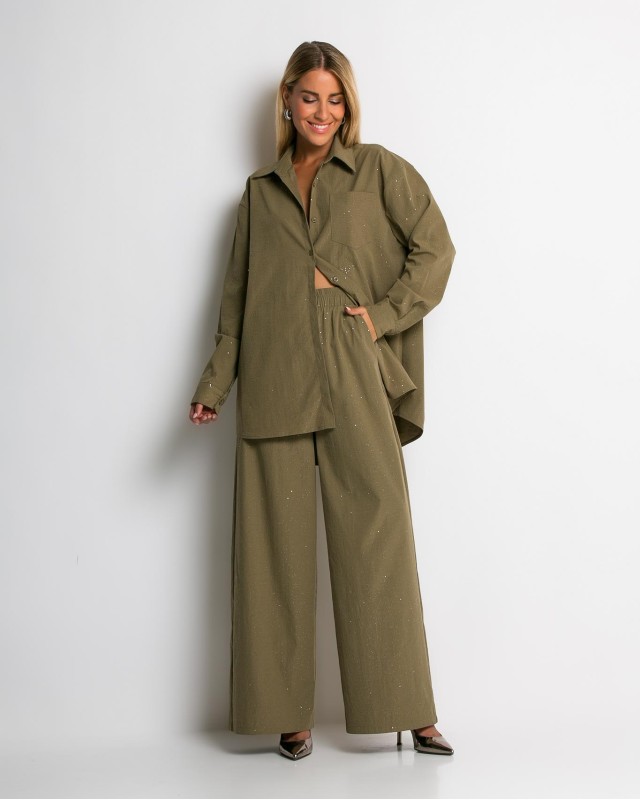 Σετ πουκάμισο & παντελόνι με στρας χακί