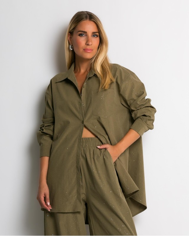 Σετ πουκάμισο & παντελόνι με στρας χακί