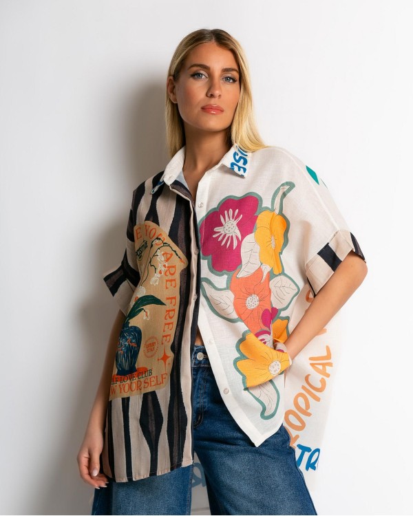 Πουκάμισο oversized με print Good Vibes