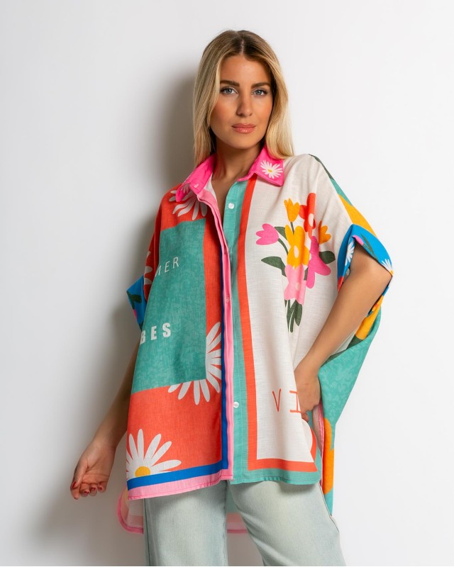Πουκάμισο oversized με print summer vibes Πουκάμισο oversized με print summer vibes