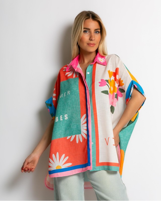 Πουκάμισο oversized με print summer vibes Πουκάμισο oversized με print summer vibes