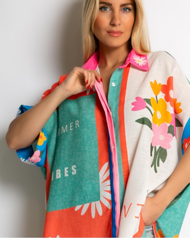 Πουκάμισο oversized με print summer vibes Πουκάμισο oversized με print summer vibes
