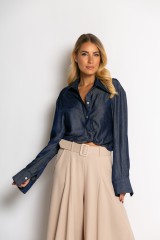 Πουκάμισο cropped με μακρύ μανίκι μπλε σκούρο