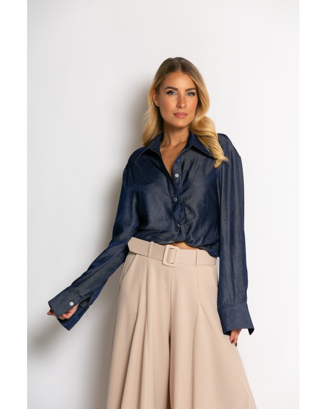Πουκάμισο cropped με μακρύ μανίκι μπλε σκούρο