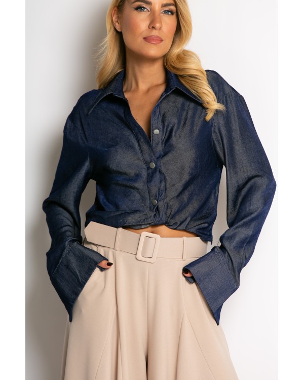 Πουκάμισο cropped με μακρύ μανίκι μπλε σκούρο