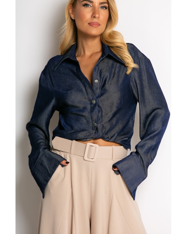 Πουκάμισο cropped με μακρύ μανίκι μπλε σκούρο