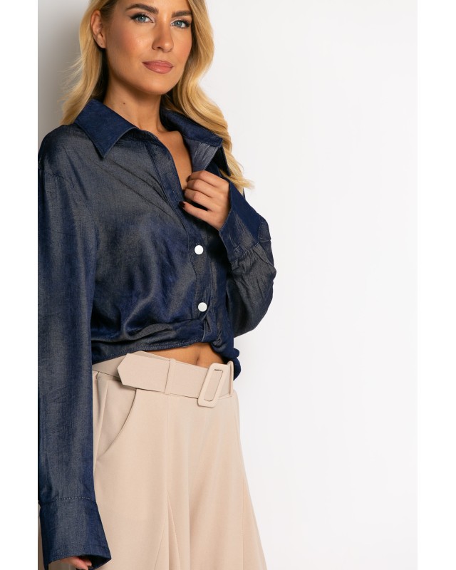 Πουκάμισο cropped με μακρύ μανίκι μπλε σκούρο