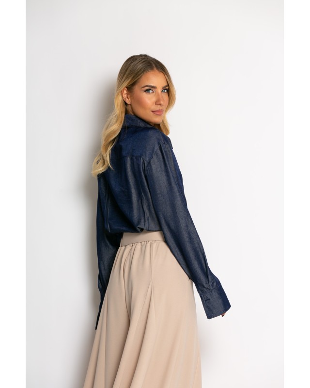 Πουκάμισο cropped με μακρύ μανίκι μπλε σκούρο