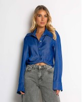 Πουκάμισο cropped με μακρύ μανίκι μπλε