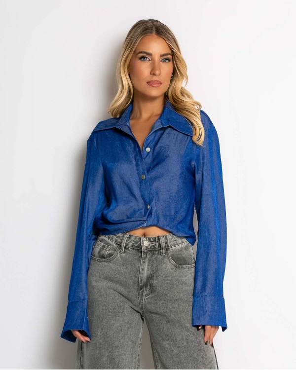 Πουκάμισο cropped με μακρύ μανίκι μπλε σκούρο