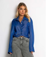 Πουκάμισο cropped με μακρύ μανίκι μπλε