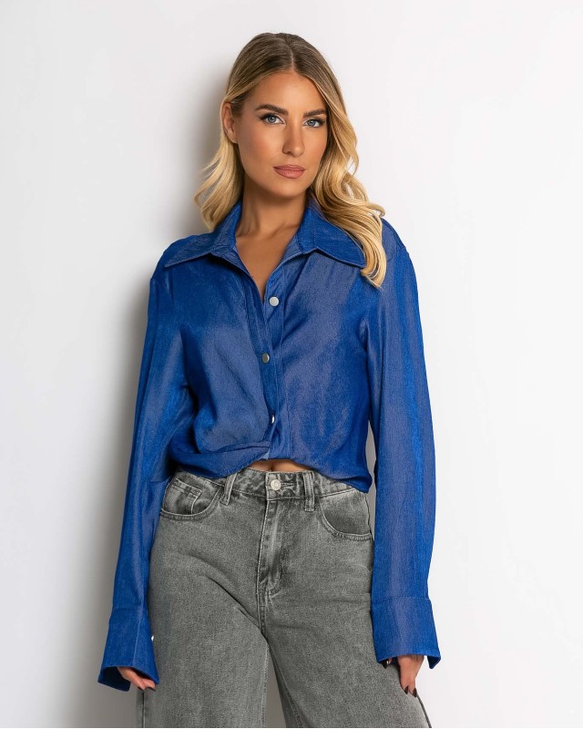 Πουκάμισο cropped με μακρύ μανίκι μπλε