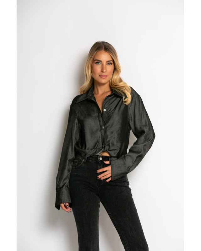 Πουκάμισο cropped με μακρύ μανίκι ανθρακί