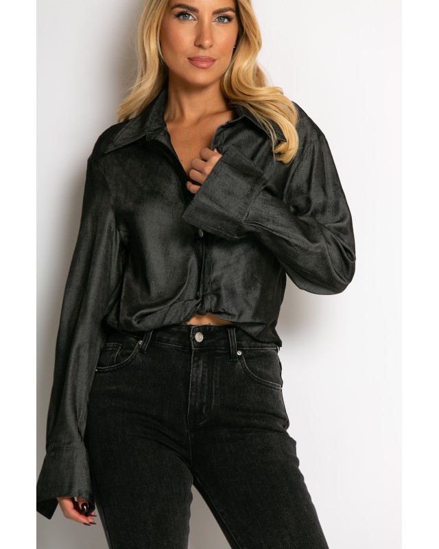 Πουκάμισο cropped με μακρύ μανίκι ανθρακί